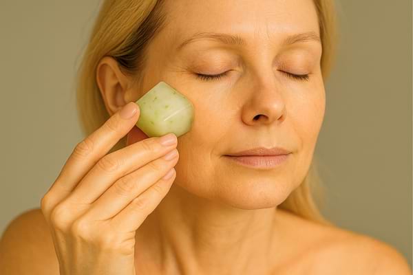 Femme passant un glaçon au concombre sur sa joue fermée.