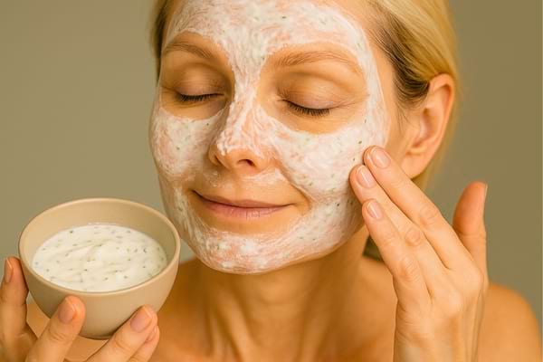 Femme souriante appliquant un masque visage naturel au concombre.