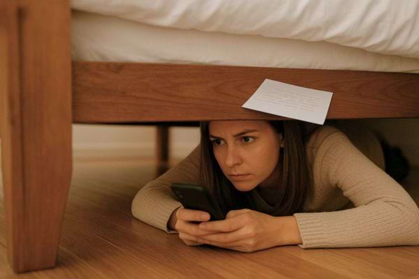 Une femme cachee sous un lit regarde son telephone avec un papier posé au-dessus.