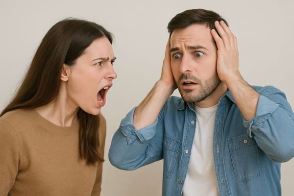 Une femme hurle sur un homme qui se bouche les oreilles, choqué.