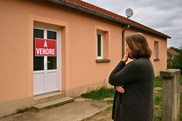 Femme observe une maison avec un panneau rouge &ldquo;&agrave; vendre&rdquo; sur la porte.