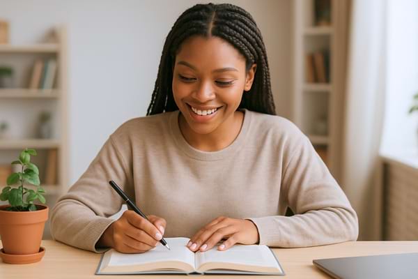 Une femme souriante écrit dans un carnet posé sur une table en bois, concentrée dans un environnement lumineux.