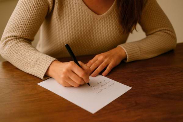 Une femme écrit une lettre à la main sur une table.