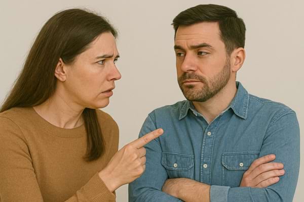 La femme pointe du doigt l’homme, visiblement contrariée, tandis qu’il croise les bras.