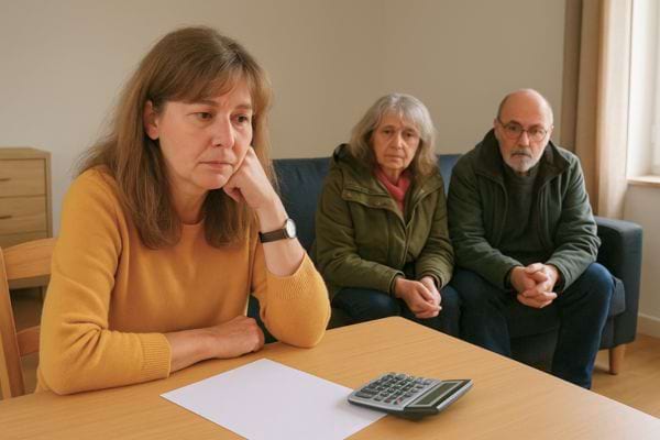 Femme assise &agrave; une table avec deux proches, tous ont l&rsquo;air inquiets.