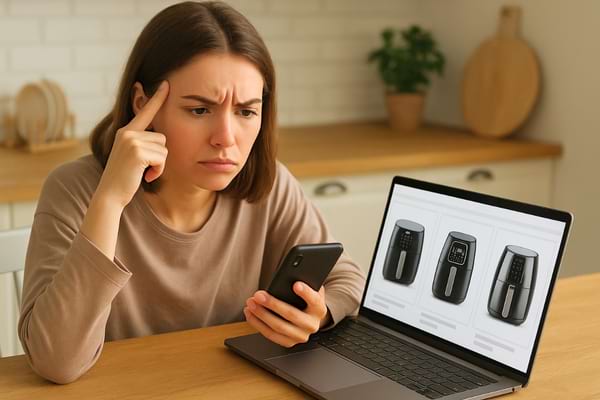 Une femme regarde son téléphone avec un air hésitant en comparant plusieurs modèles de friteuses sur son ordinateur portable.