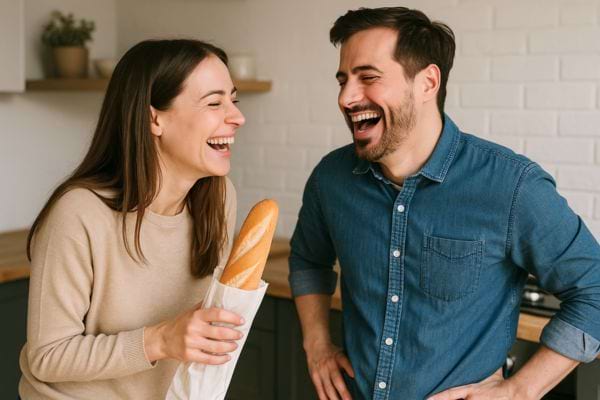 Une femme et un homme rient en tenant une baguette dans la cuisine.