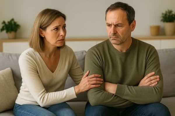 Femme tente de parler à un homme fâché assis à côté d’elle.