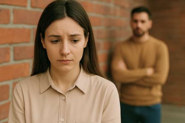Une femme triste regarde vers le bas tandis qu’un homme flou la regarde en arrière-plan près d’un mur de briques.