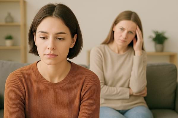 Une femme pensive au premier plan, une autre femme la regarde avec inquiétude en arrière-plan.