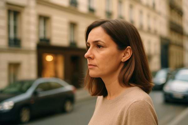 Femme pensive marche dans une rue calme bordée d’immeubles.