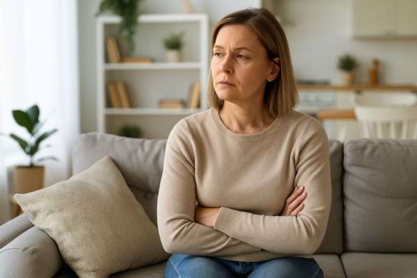 Femme seule sur un canapé, bras croisés et regard pensif.