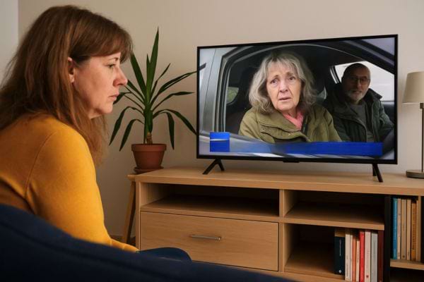 Femme regarde la t&eacute;l&eacute;vision montrant un couple &acirc;g&eacute; dans une voiture.
