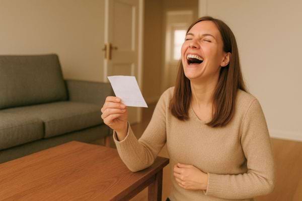 Une femme seule rit aux éclats en tenant une lettre.