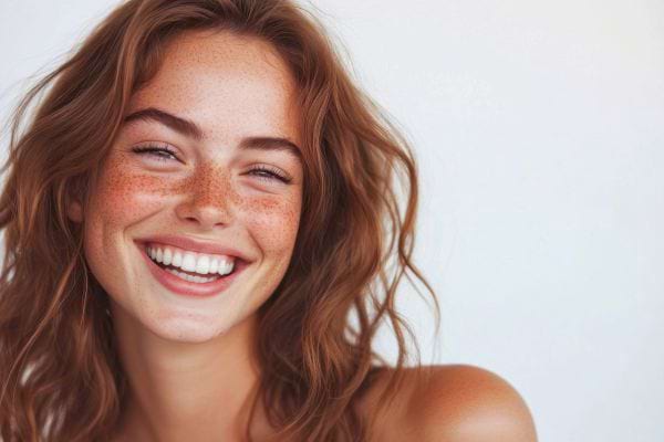 Une femme rousse au visage lumineux sourit largement, exprimant la joie et la confiance en soi.