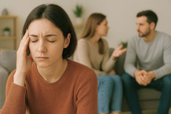 Une femme assise se tient la tête, visiblement stressée, tandis qu’un couple discute derrière elle.
