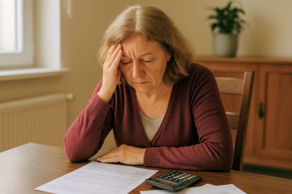 Femme pr&eacute;occup&eacute;e tient sa t&ecirc;te en lisant des papiers avec une calculatrice.