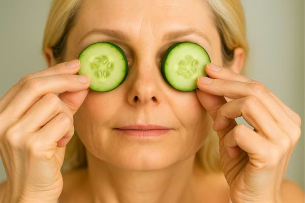 Femme tenant des tranches de concombre sur ses yeux fermés.