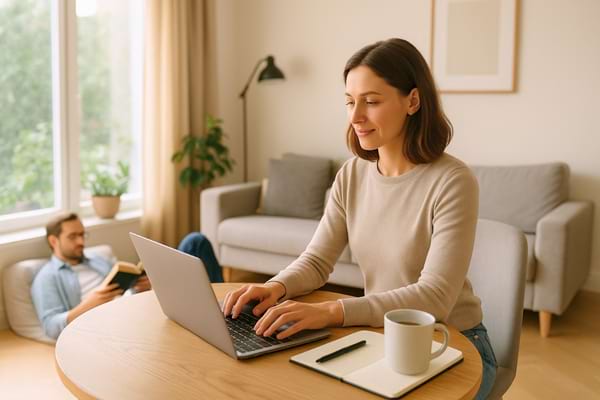 Une femme travaille sur son ordinateur portable avec une tasse de café, tandis qu’un homme lit sur le canapé derrière elle.