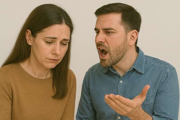 Un homme crie sur une femme triste, visiblement en détresse.