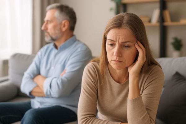 Femme inquiète sur un canapé, homme en arrière-plan tourné de profil.