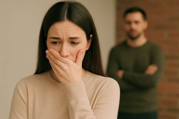 Une femme inquiète se couvre la bouche pendant qu’un homme flou se tient derrière elle les bras croisés.