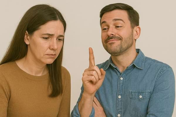 L’homme lève le doigt, semblant expliquer quelque chose à la femme abattue.