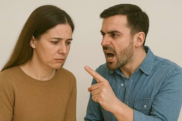 Un homme crie en pointant une femme triste, la scène paraît tendue.