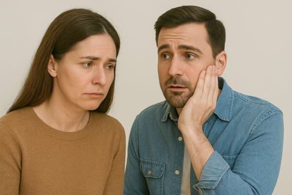 Un homme inquiet touche sa joue en regardant une femme triste à côté de lui.
