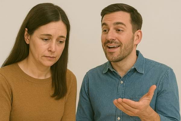 Un homme souriant parle à une femme triste qui regarde vers le bas.
