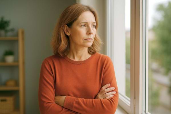 Femme au pull orange regarde dehors par la fenêtre, les bras croisés.