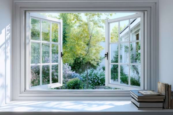 Une fenêtre ouverte donne sur un jardin verdoyant et ensoleillé.