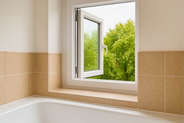 Fenêtre ouverte dans une salle de bain claire donnant sur des arbres verts.