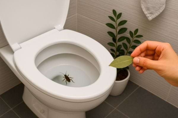 Main tenant une feuille de laurier au-dessus des toilettes avec un cafard dedans.