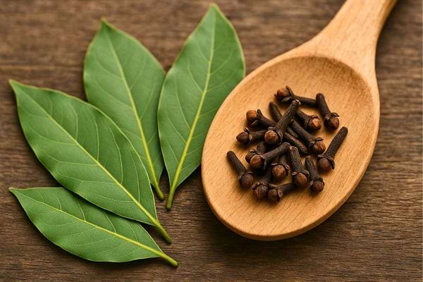 Cuillère en bois remplie de clous de girofle entourée de feuilles de laurier vertes.