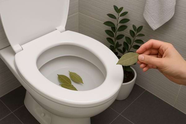 Trois feuilles de laurier déposées dans la cuvette des toilettes.