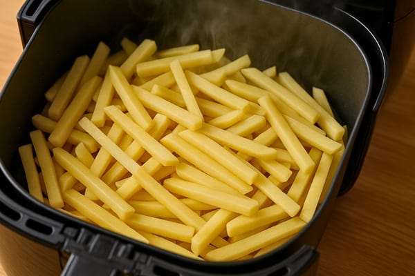 Des frites crues sont placées dans le panier de la friteuse à air prêtes à être cuites.