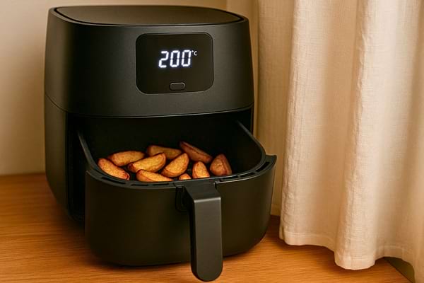 La friteuse à air affiche 200°C sur son écran, contenant des quartiers de pommes de terre dorés.