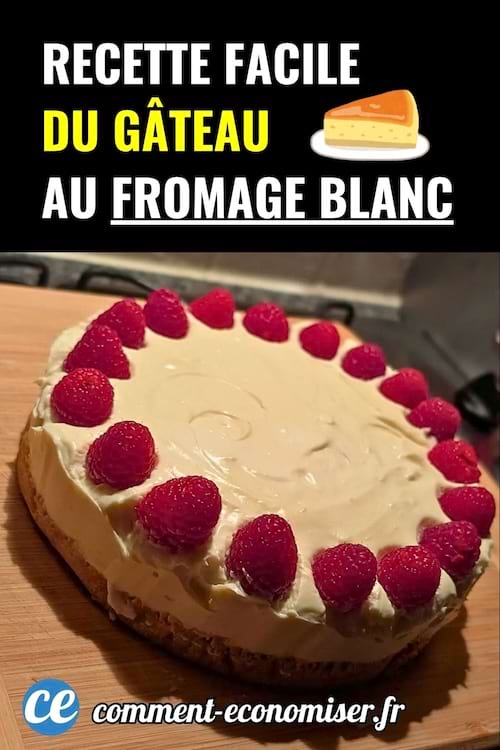 Gâteau au fromage blanc décoré de framboises, fond noir, texte jaune et blanc.