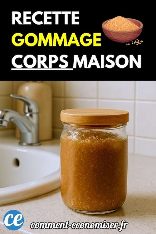 Pot de gommage maison marron posé près d’un lavabo.