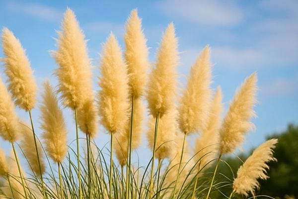 Plusieurs herbes de la pampa beige se dressent vers le ciel bleu clair.