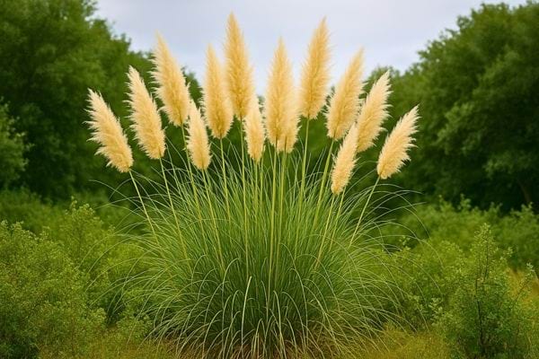 Un grand bouquet d&rsquo;herbes de la pampa pousse dans un paysage vert naturel.