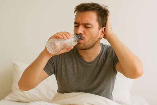 Un homme en pyjama boit de l’eau au réveil, assis dans son lit.