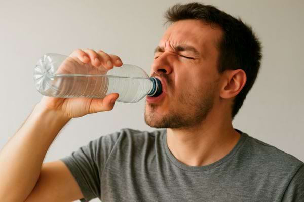 Un homme ferme les yeux en buvant une bouteille d’eau avec intensité.