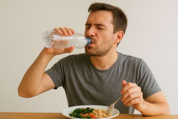 Un homme boit de l’eau pendant son repas assis à une table.