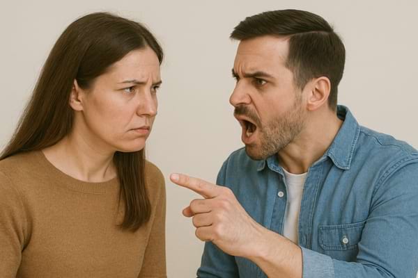 Un homme en colère crie et pointe du doigt une femme contrariée.