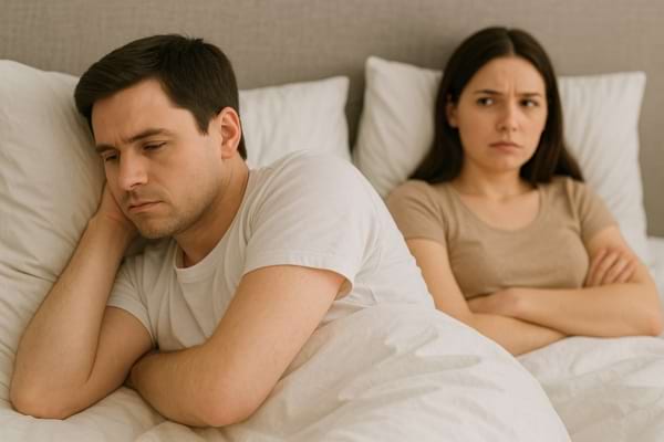 Un couple allongé dans un lit, l’homme semble contrarié tandis que la femme le regarde avec frustration.
