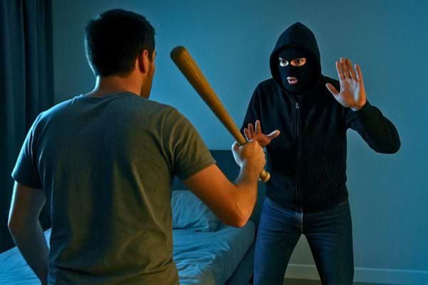 Un homme menace un cambrioleur masqué avec une batte de baseball.