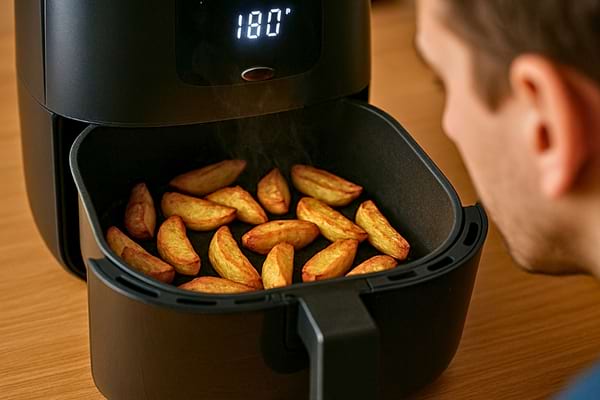 Un homme observe attentivement la cuisson des pommes de terre dans la friteuse à air réglée à 180°C.