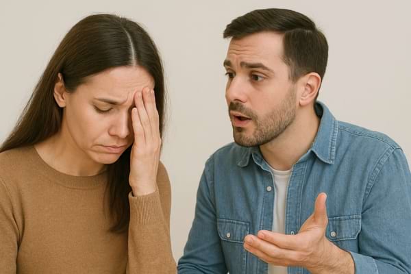 Un homme parle à une femme épuisée qui se tient la tête, visiblement stressée.